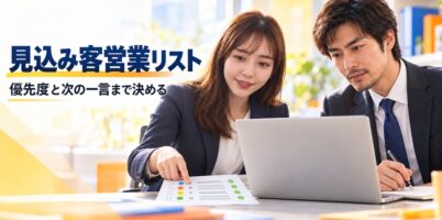 見込み客営業リスト 優先度と次の一言まで決める｜A〜Dに分けたリストを指さし、パソコンを見る男女の営業担当者