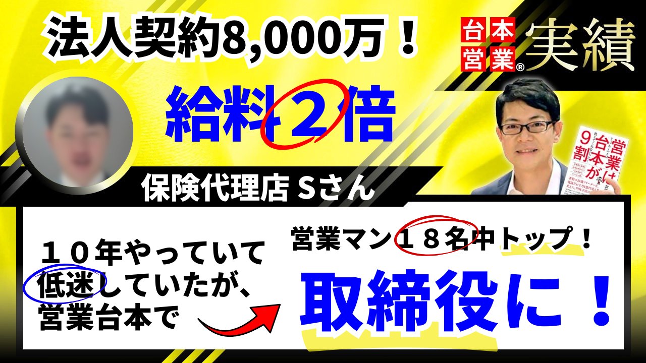 法人契約8,000万!給料2倍|10年低迷していた保険代理店Sさんが営業台本で営業マン18名中トップ・取締役に|加賀田裕之