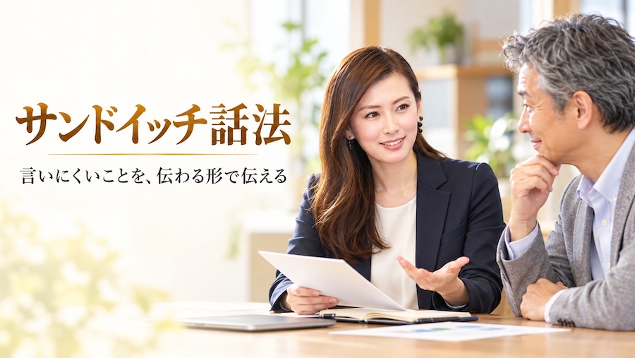 サンドイッチ話法 言いにくいことを、伝わる形で伝える|資料を手にお客さんへ笑顔で説明する女性の営業担当者